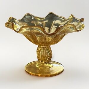 Vintage Amber Glass Compote Pedestal Bowl Ruffled Edge Beaded Pattern Dish